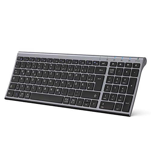iClever Bluetooth Tastatur, kabellose wiederaufladbare Tastatur mit 3 Bluetooth Kanälen, Stabile Verbindung, Ultraslim Ergonomisches Design, Funk Tastatur