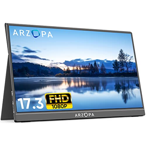 ARZOPA Portable Monitor, 17.3 Zoll Tragbarer Monitor, 1920x1080 Full HD, 100% SRGB IPS Externer Mobiler Bildschirm mit HDMI/Typ-C/USB-C, für Laptop/PC/Mac/PS5/Xbox/Telefon-Silber