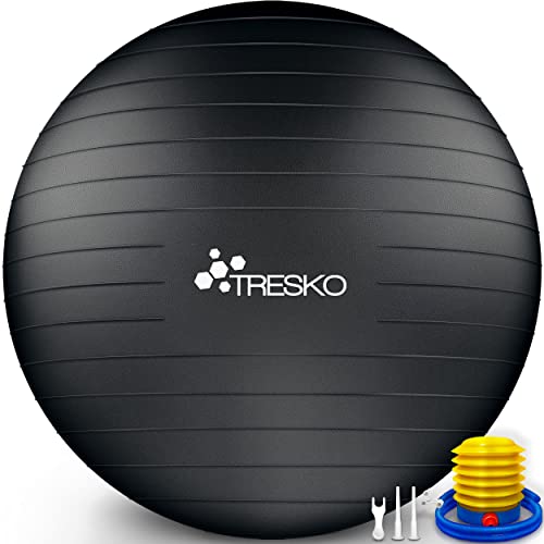 TRESKO Gymnastikball mit GRATIS Übungsposter inkl. Luftpumpe - Yogaball BPA-Frei | Sitzball Büro | Anti-Burst | 300 kg,Schwarz,85cm (für Körpergröße über 185cm)