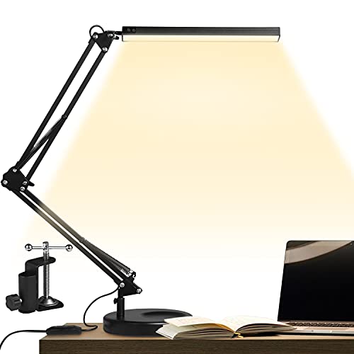 GUUKIN LED Schreibtischlampe mit Klemme und Rundem Fuß, 14W Architektenlampe,Verstellbarem Arm Faltbar, 3 Farbtemperaturen 10 Helligkeitsstufen 5V/2A Arbeitsleuchte Tischlampe für Home Office Schwarz