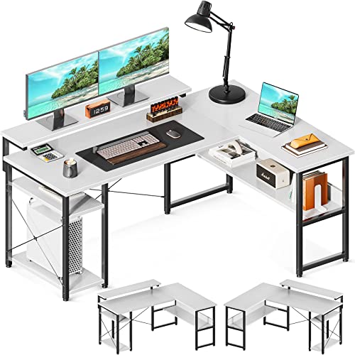 ODK Schreibtisch, Eckschreibtisch Weiß mit Lagerregale, Schreibtisch L Form mit CPU-Ständer, Reversibel Computertisch mit Verstellbarem Langen Monitorständer fürs Homeoffice, 137×102×76 cm